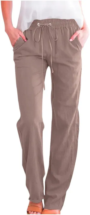 Summer Womens Linen Long Pants Wide Leg Palazzo Pants High Waisted Solid Color Lounge Trousers with Pockets