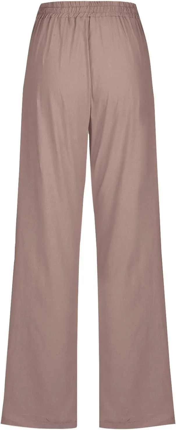 Summer Womens Linen Long Pants Wide Leg Palazzo Pants High Waisted Solid Color Lounge Trousers with Pockets