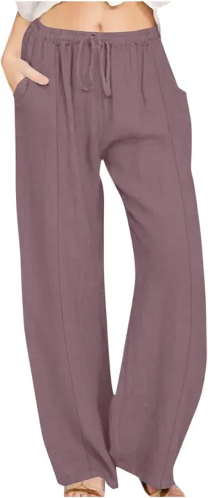 TARIENDY Linen Pants for Women High Waisted Wide Leg Pants Elastic Drawstring Pants Lounge Pants Beach Casual Trousers