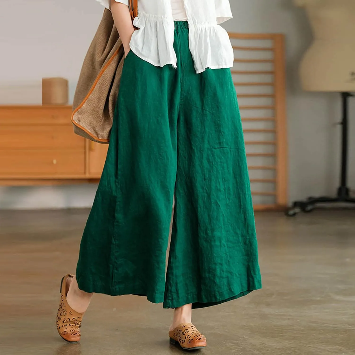 Uillui Women's Cotton Linen Summer Palazzo Pants Flowy Loose Elastic Waist Trousers Cropped Wide Leg Lounge Pant with Pocket