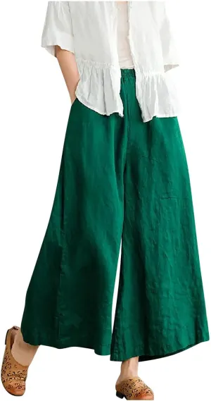 Uillui Women's Cotton Linen Summer Palazzo Pants Flowy Loose Elastic Waist Trousers Cropped Wide Leg Lounge Pant with Pocket