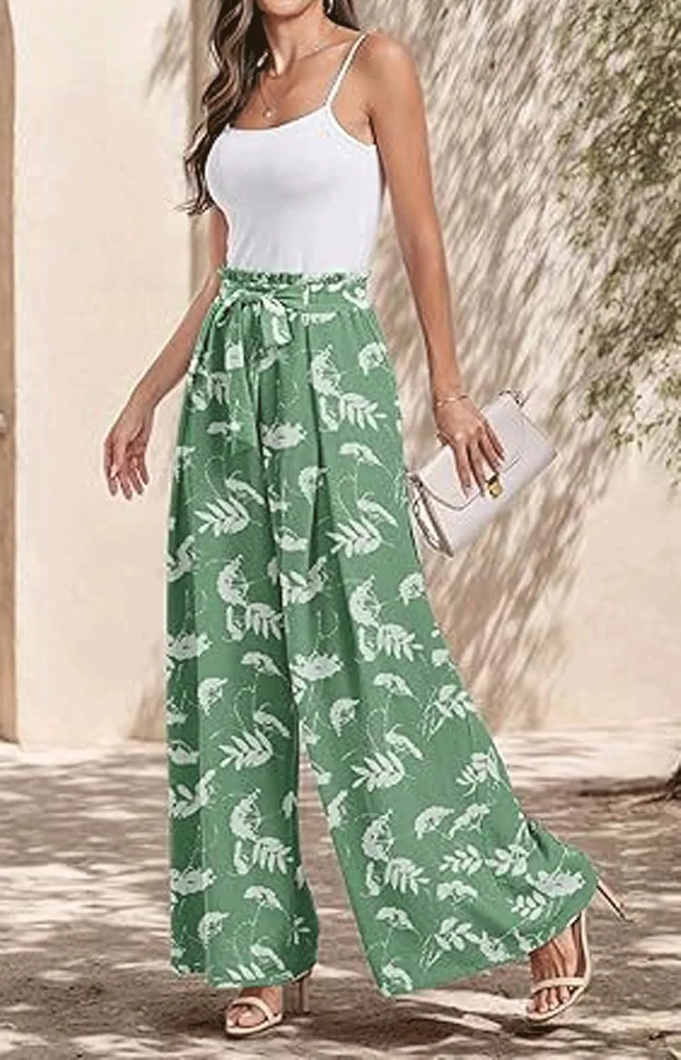 utcoco Printed Pants for Women Work Casual Loose Trousers High Waist Adjustable Knot Wide Leg Pants with Pockets