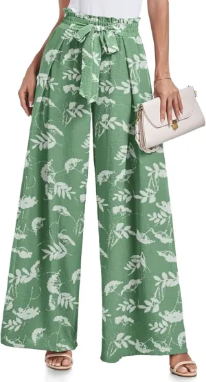 utcoco Printed Pants for Women Work Casual Loose Trousers High Waist Adjustable Knot Wide Leg Pants with Pockets