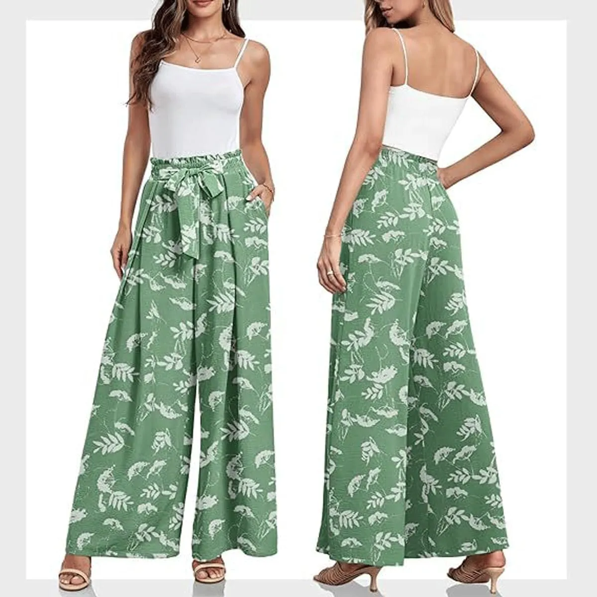 utcoco Printed Pants for Women Work Casual Loose Trousers High Waist Adjustable Knot Wide Leg Pants with Pockets