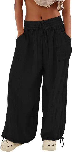 utcoco Womens Casual Loose Fit Wide Leg Cotton Pants Drawstring Stitching Baggy Pants Trousers with Pockets