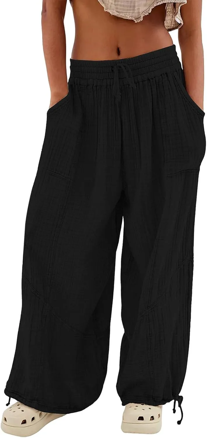 utcoco Womens Casual Loose Fit Wide Leg Cotton Pants Drawstring Stitching Baggy Pants Trousers with Pockets