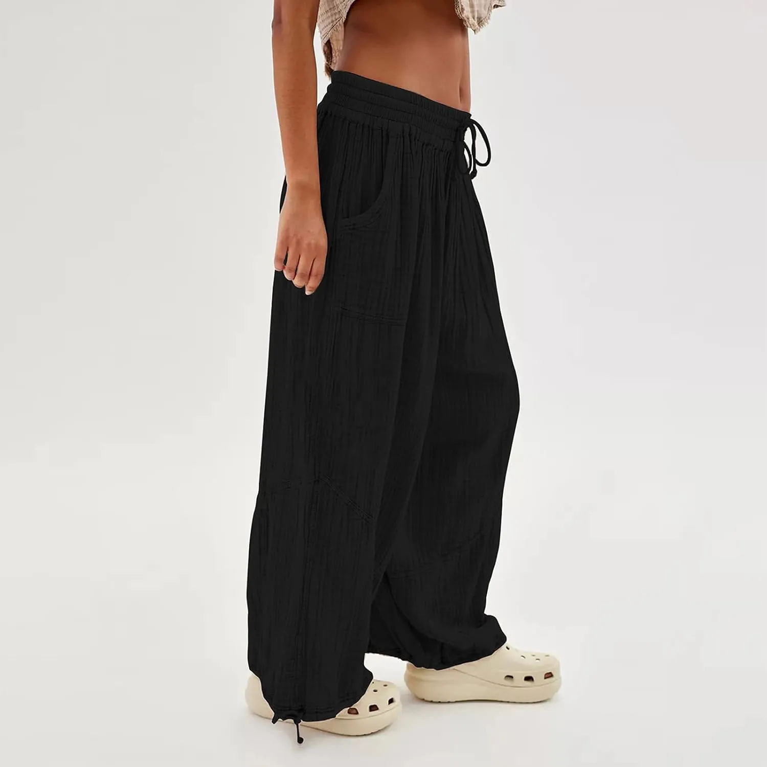 utcoco Womens Casual Loose Fit Wide Leg Cotton Pants Drawstring Stitching Baggy Pants Trousers with Pockets