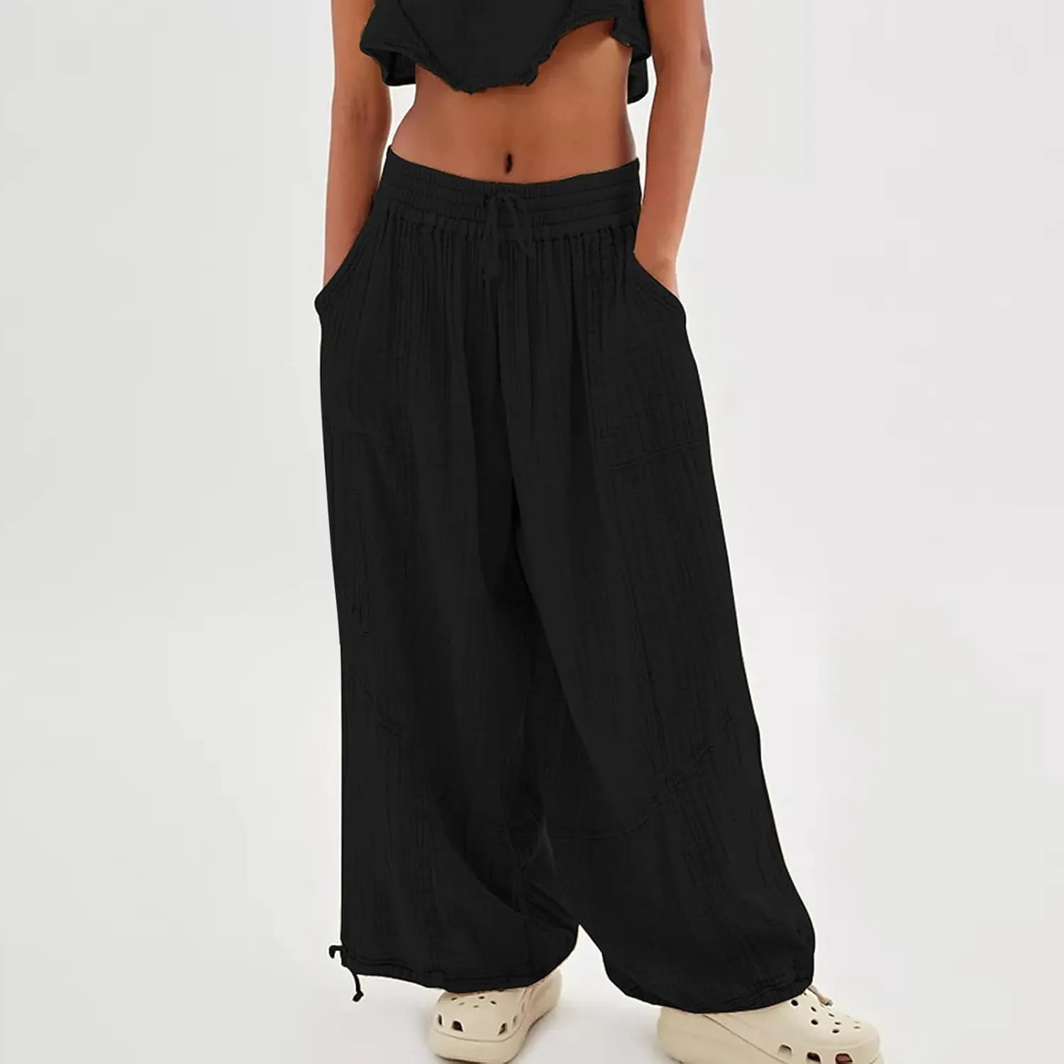 utcoco Womens Casual Loose Fit Wide Leg Cotton Pants Drawstring Stitching Baggy Pants Trousers with Pockets