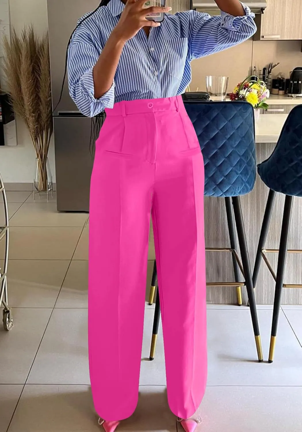 Vakkest Women High Waist Wide Leg Pants Casual Loose Palazzo Long Slacks Business Work Office Trousers with Pockets