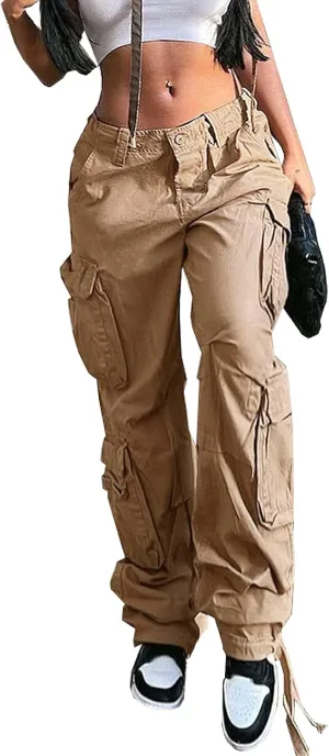 Viatabuna Women's High Rise Straight Leg Y2K Streetwear Cargo Pants Baggy Boyfriend Pants with Pocket
