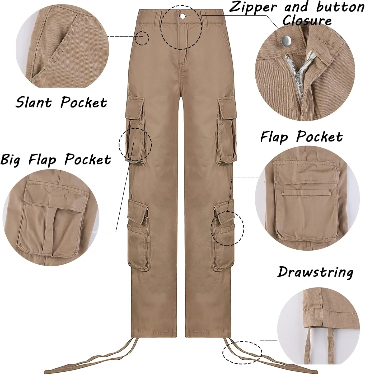 Viatabuna Women's High Rise Straight Leg Y2K Streetwear Cargo Pants Baggy Boyfriend Pants with Pocket