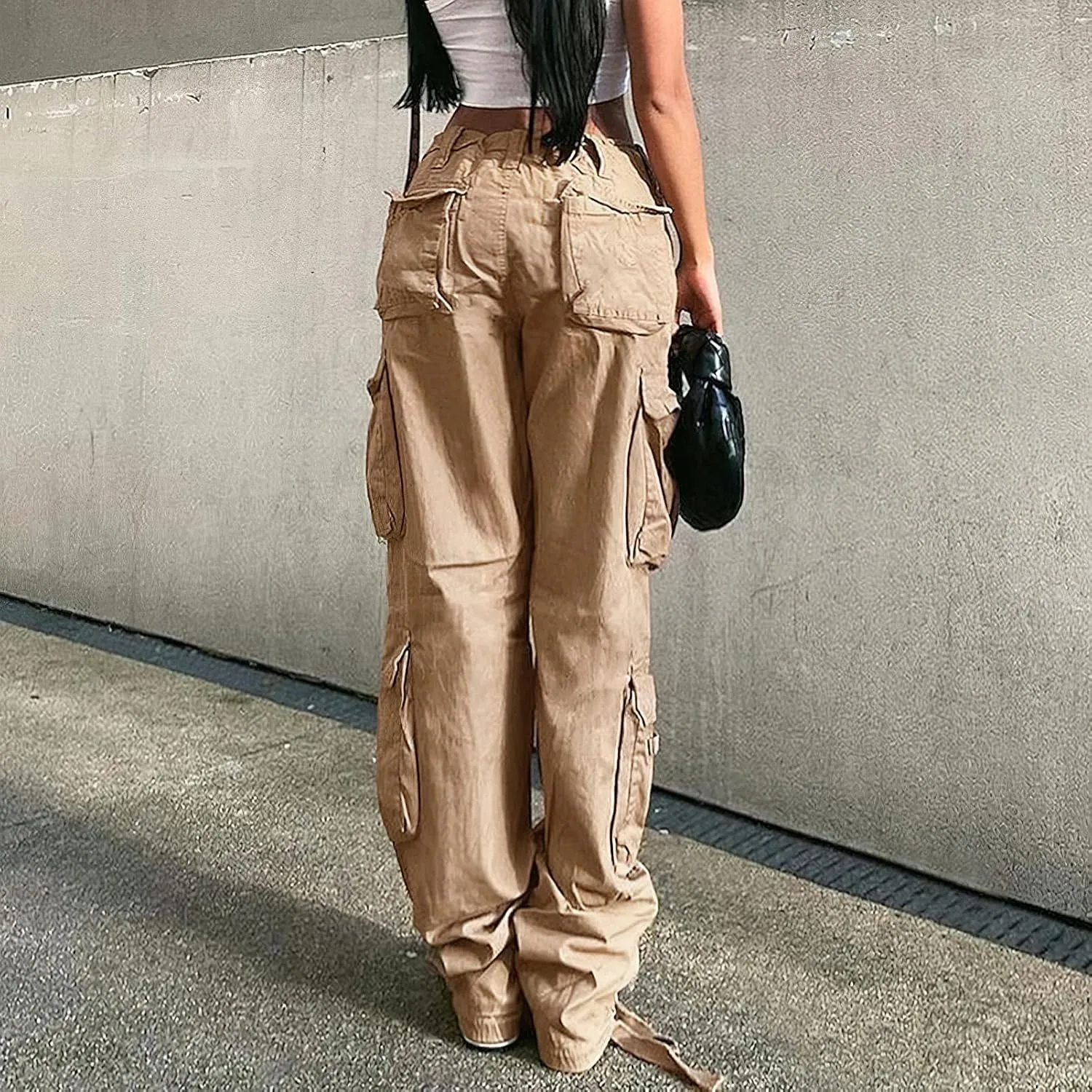 Viatabuna Women's High Rise Straight Leg Y2K Streetwear Cargo Pants Baggy Boyfriend Pants with Pocket