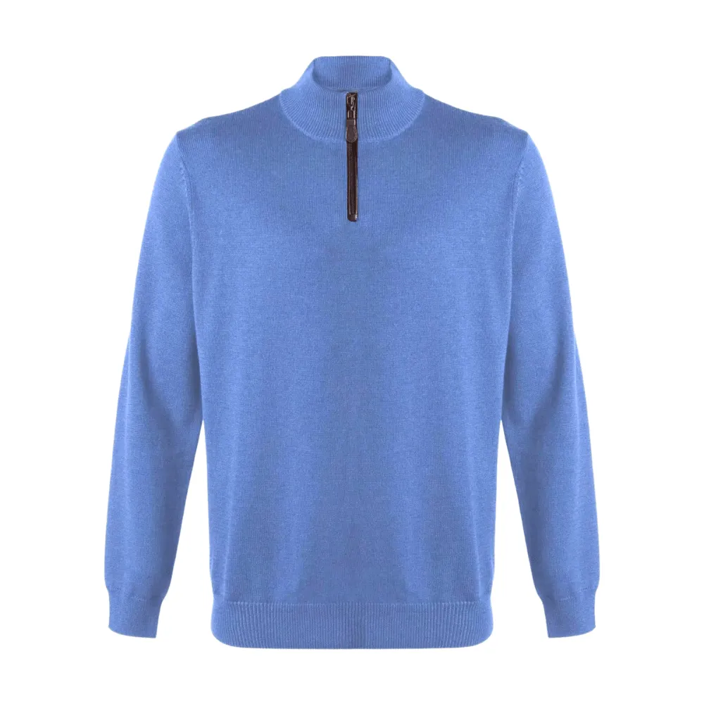 Viyella Leather Trimmed Baruffa Merino Wool 1/4 Zip Sweater - 255618