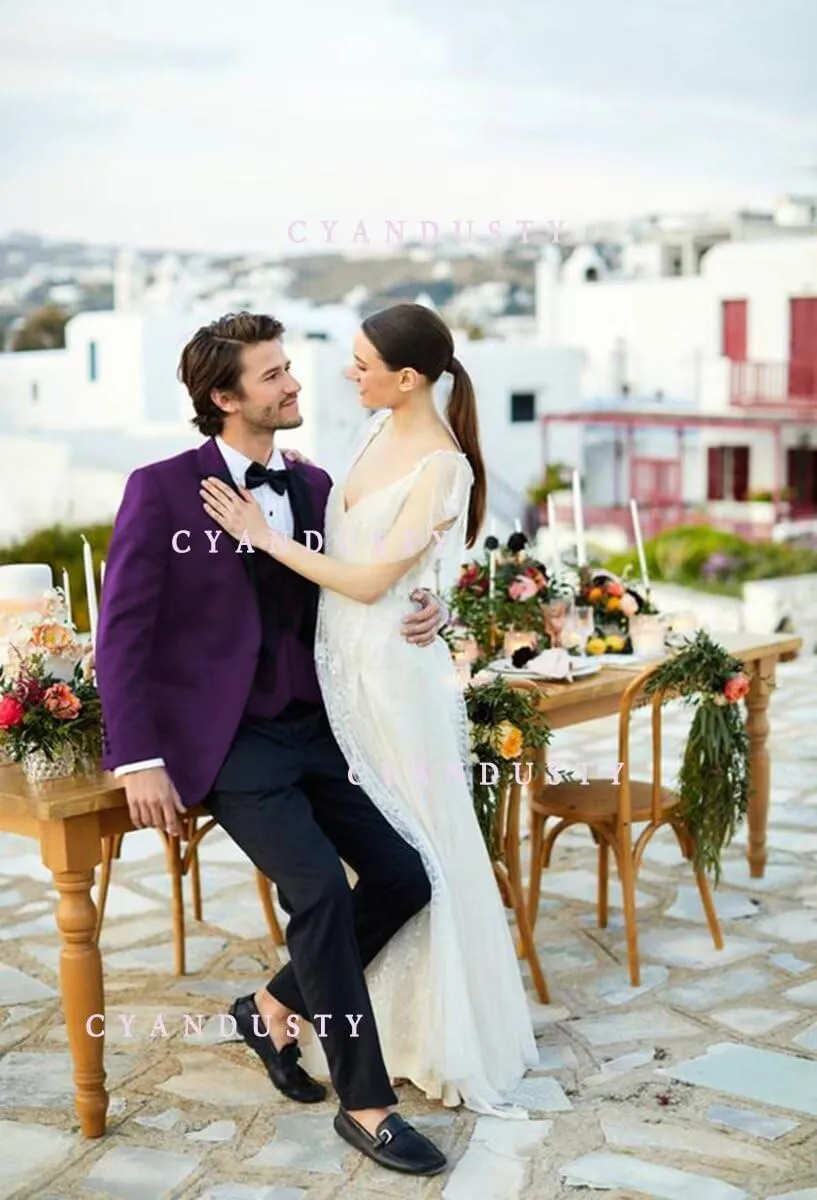 Wedding Tuxedo for Men Groom 3 Pieces Mens Suit Set Slim Fit Vest Pants Set One Button Blazer Peak Lapel Suit Men