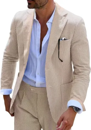Wehilion Men 2 Pieces Seersucker Suit Casual 2 Button Slim Fit Striped Suits for Men Summer Wedding Prom Suit Jacket Pants