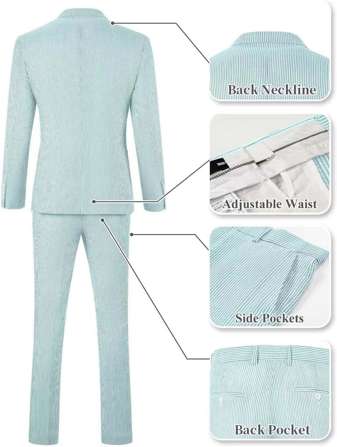 Wehilion Men 2 Pieces Seersucker Suit Casual 2 Button Slim Fit Striped Suits for Men Summer Wedding Prom Suit Jacket Pants