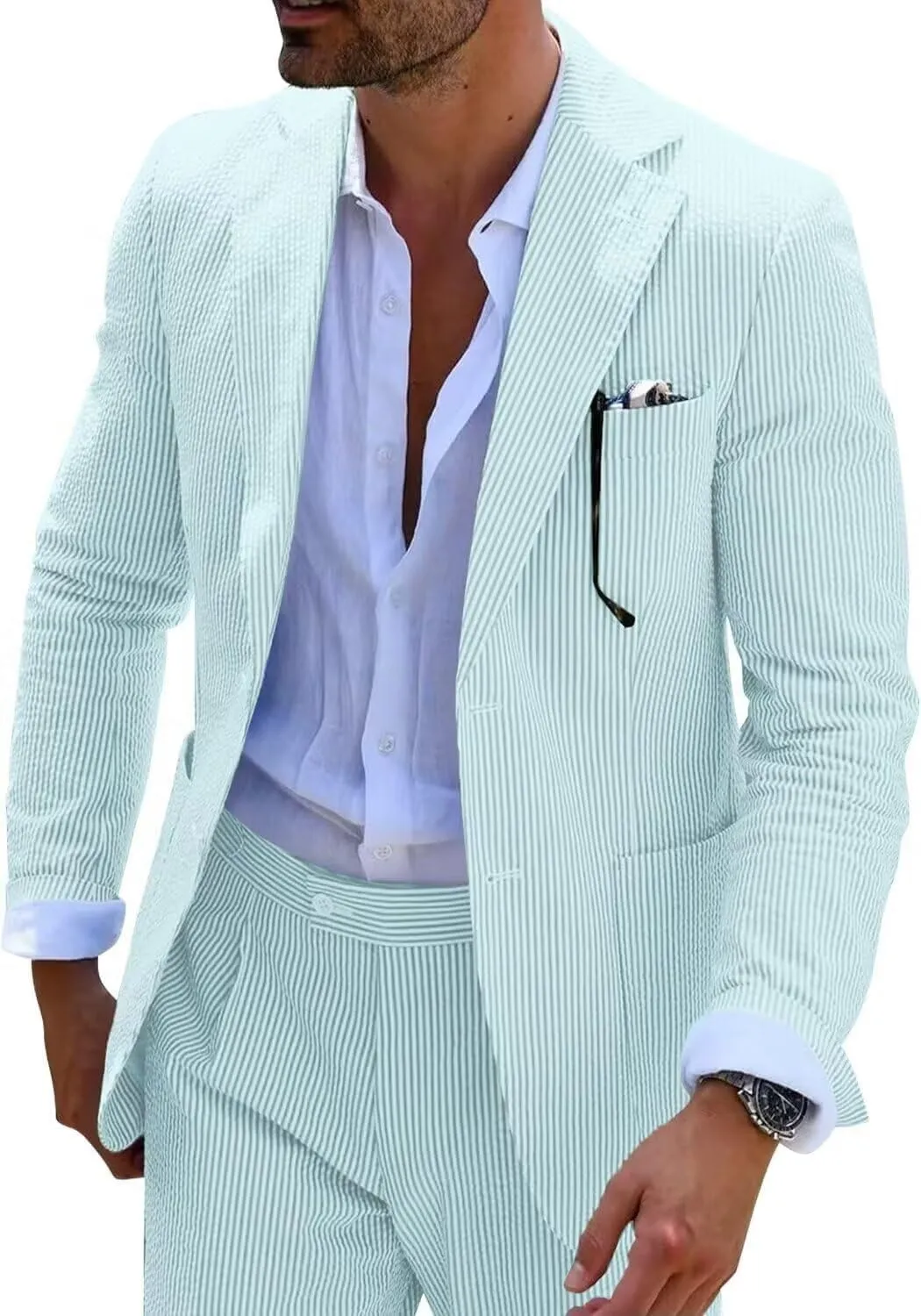 Wehilion Men 2 Pieces Seersucker Suit Casual 2 Button Slim Fit Striped Suits for Men Summer Wedding Prom Suit Jacket Pants