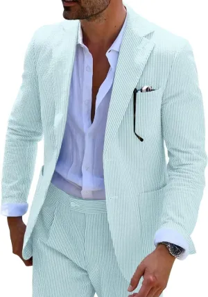 Wehilion Men 2 Pieces Seersucker Suit Casual 2 Button Slim Fit Striped Suits for Men Summer Wedding Prom Suit Jacket Pants