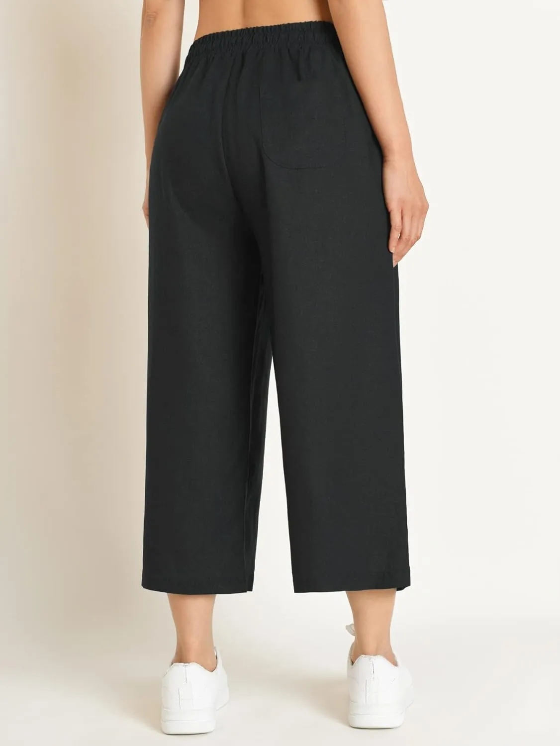 Weintee Women's Linen Capris Wide Leg Cropped Pants with Pockets