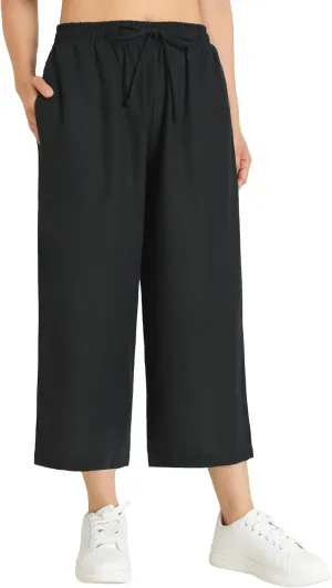 Weintee Women's Linen Capris Wide Leg Cropped Pants with Pockets