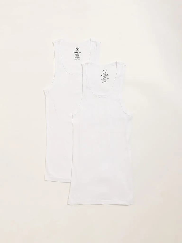 WES Lounge White Sleeveless Cotton Vests - Pack of 2