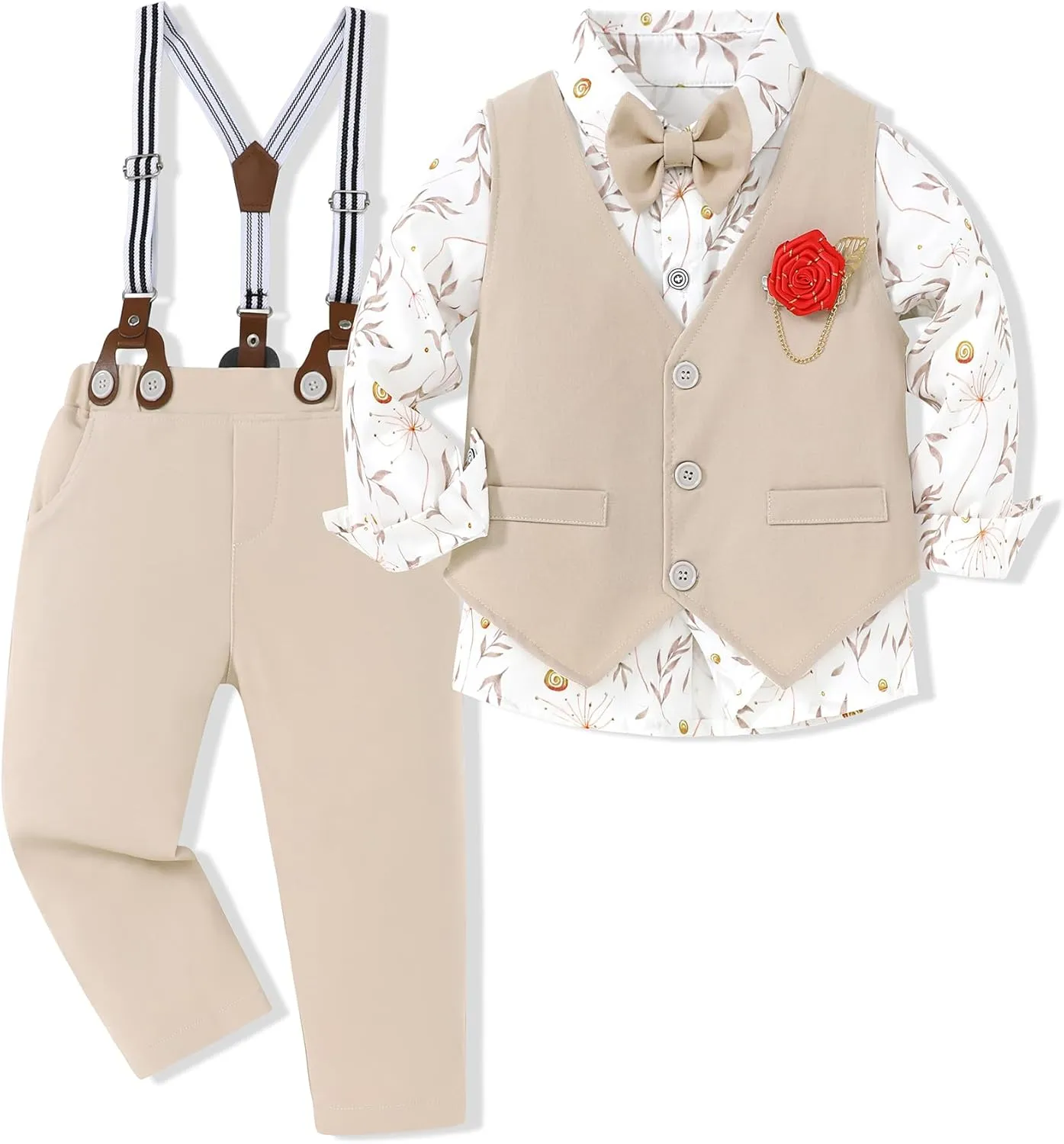 WESIDOM Toddler Boy Clothes Suit Formal Dress Shirt Bowtie Vest Boutonniere Suspender Pants Boys Gentleman Outfits Set