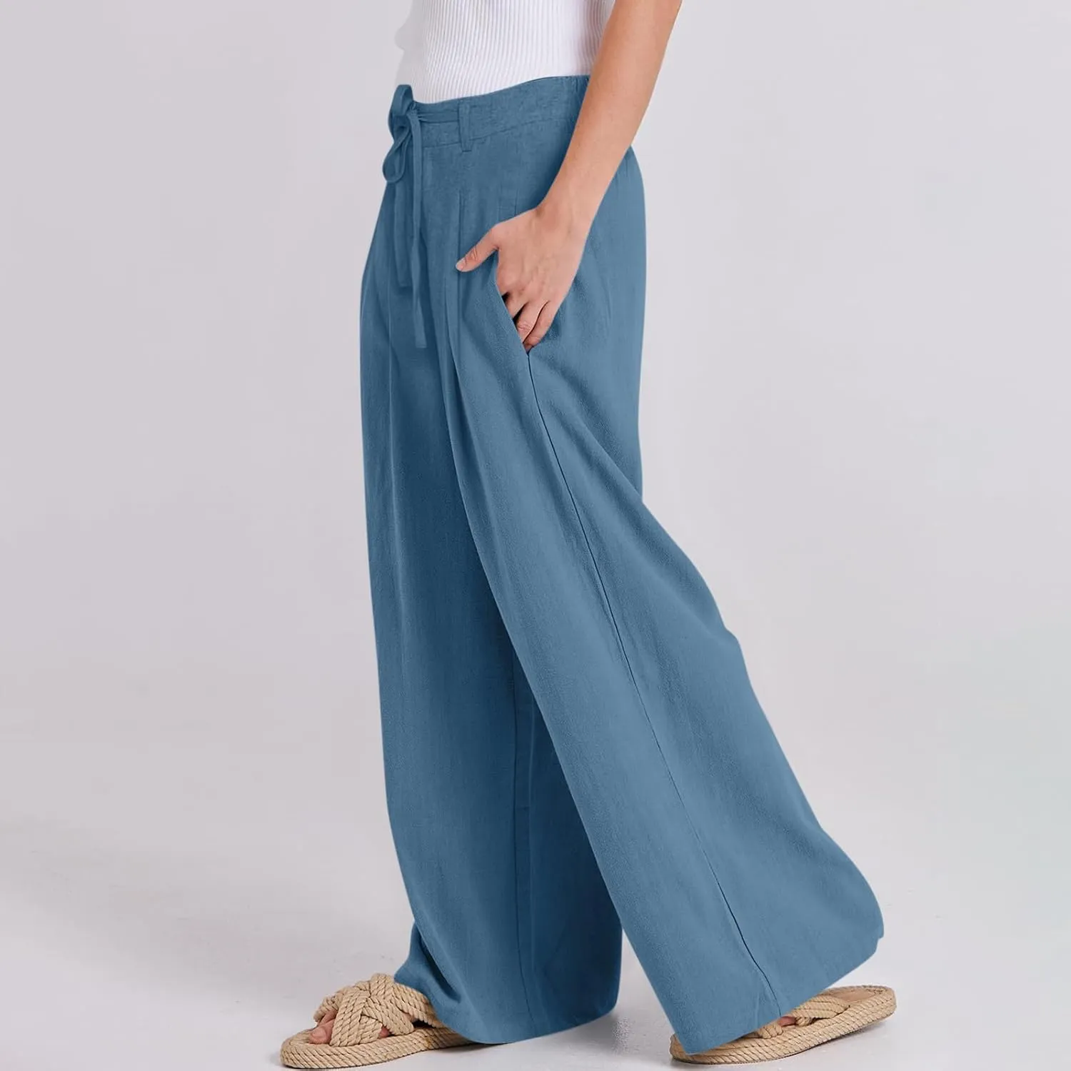 Wide Leg Linen Pants for Women Pleated Drawstring High Waisted Palazzo Pants Comfy Lounge Work Trousers with Pockets