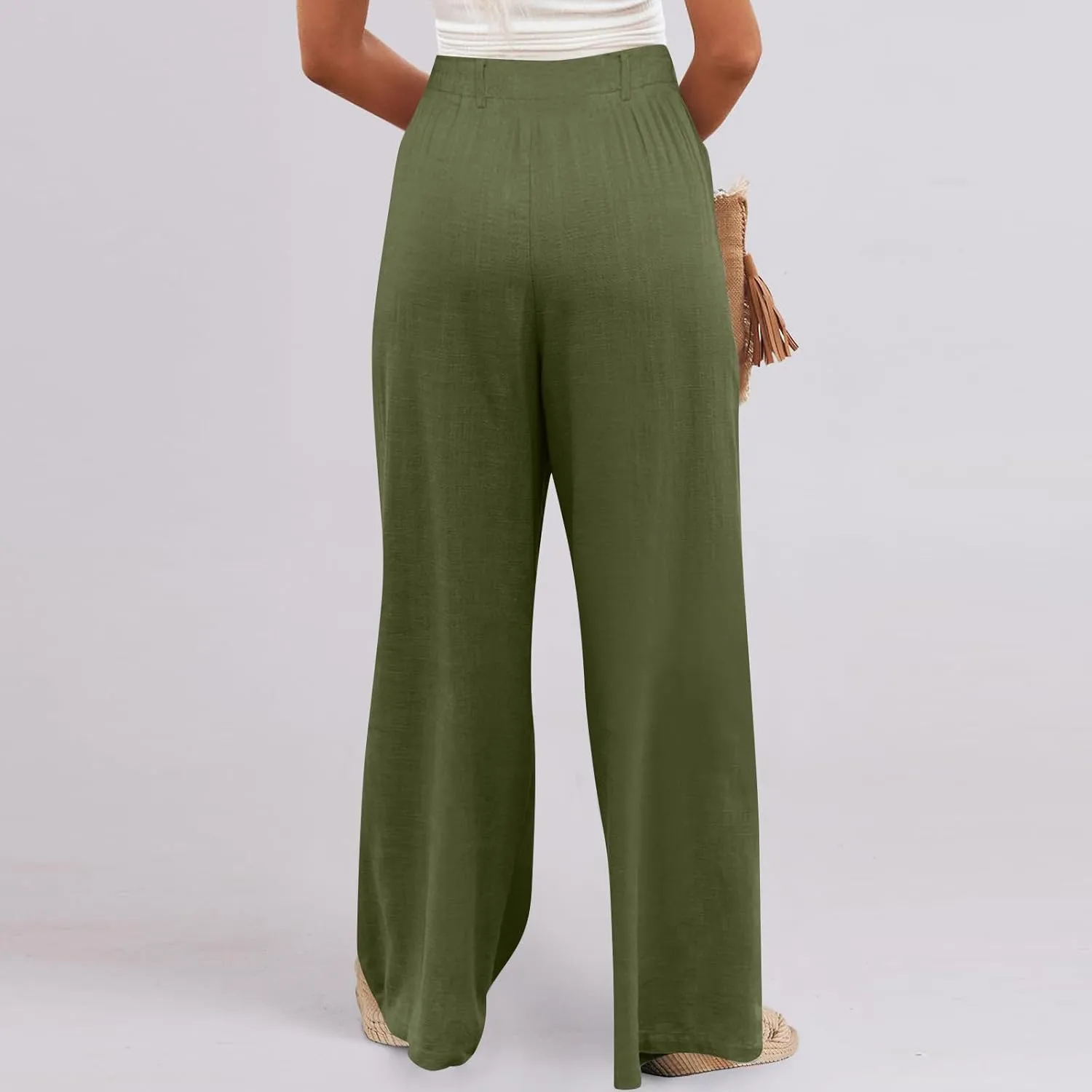 Wide Leg Linen Pants for Women Pleated Drawstring High Waisted Palazzo Pants Comfy Lounge Work Trousers with Pockets