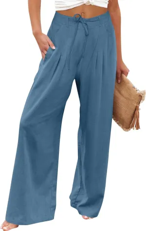 Wide Leg Linen Pants for Women Pleated Drawstring High Waisted Palazzo Pants Comfy Lounge Work Trousers with Pockets