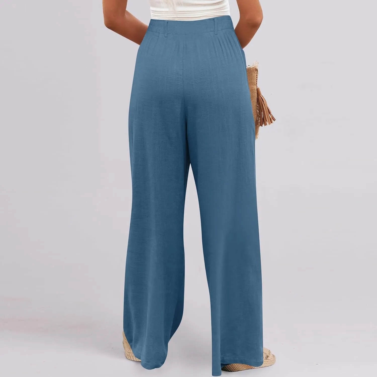 Wide Leg Linen Pants for Women Pleated Drawstring High Waisted Palazzo Pants Comfy Lounge Work Trousers with Pockets