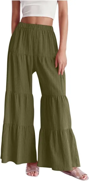 Wide Leg Palazzo Pants for Women Elastic High Waist Pleat Trousers 2025 Fashion Solid Color Baggy Flowy Summer Pants