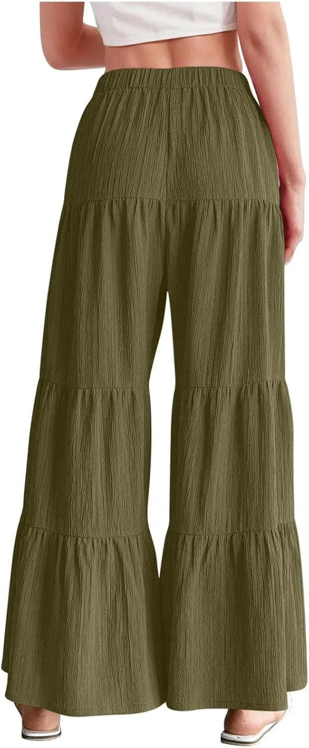 Wide Leg Palazzo Pants for Women Elastic High Waist Pleat Trousers 2025 Fashion Solid Color Baggy Flowy Summer Pants