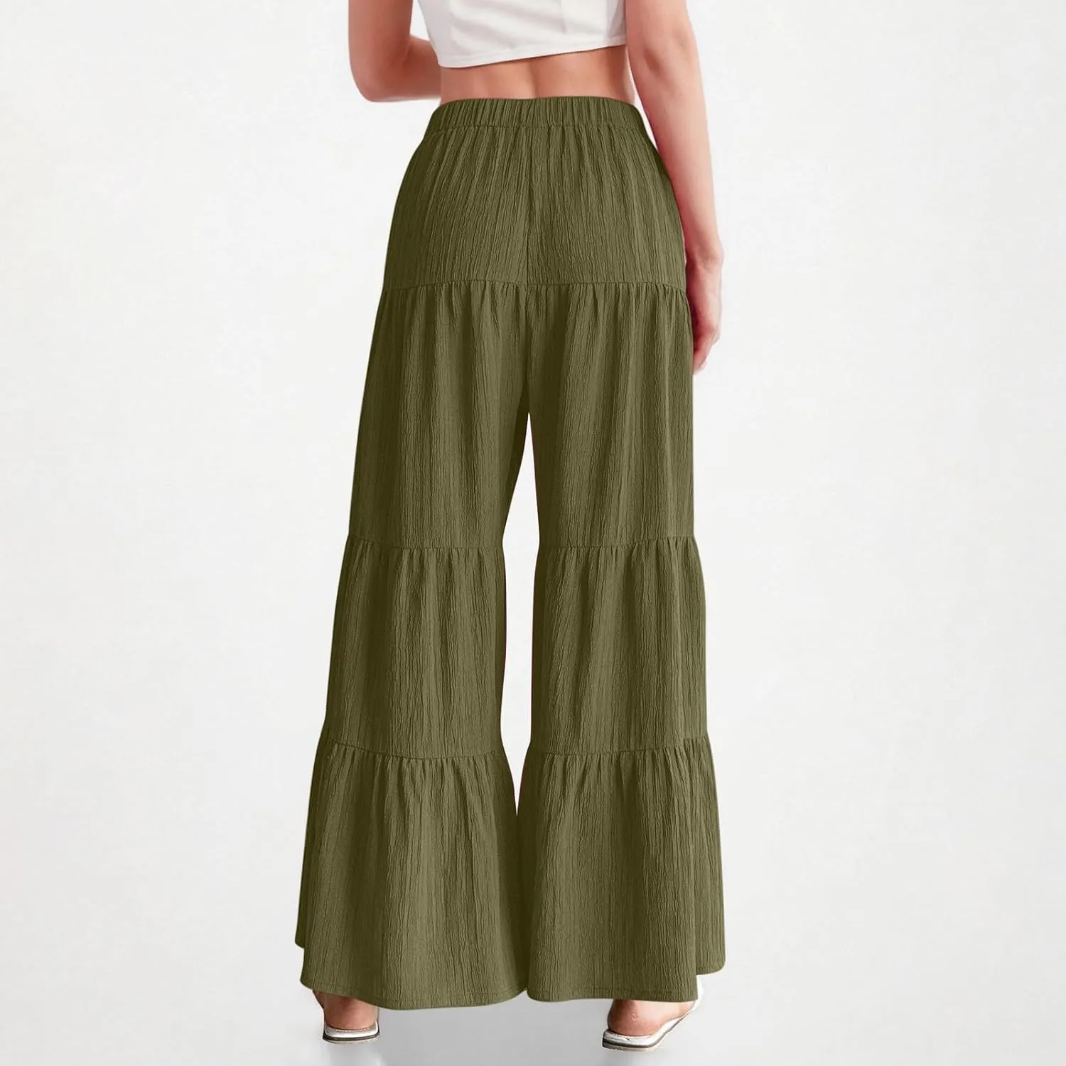 Wide Leg Palazzo Pants for Women Elastic High Waist Pleat Trousers 2025 Fashion Solid Color Baggy Flowy Summer Pants