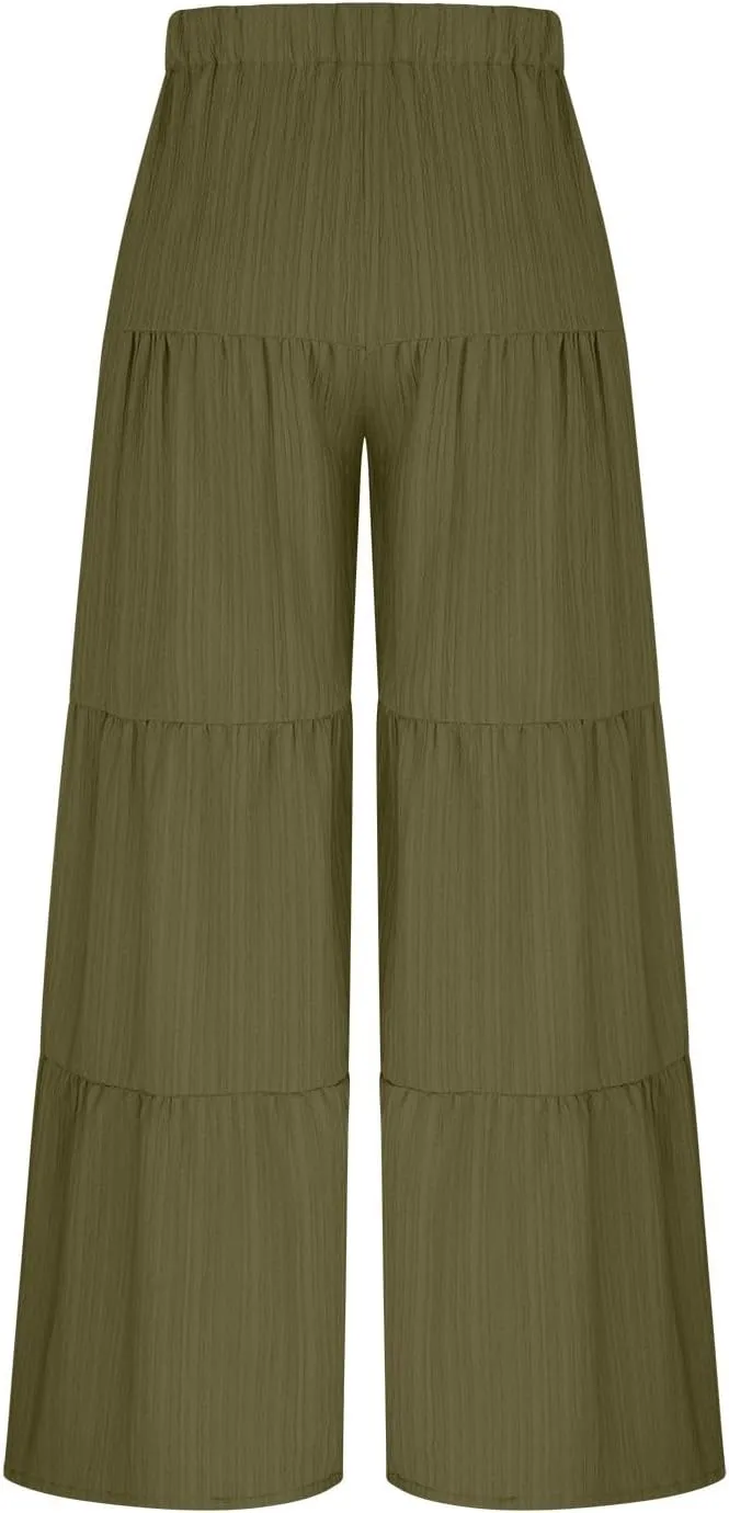 Wide Leg Palazzo Pants for Women Elastic High Waist Pleat Trousers 2025 Fashion Solid Color Baggy Flowy Summer Pants