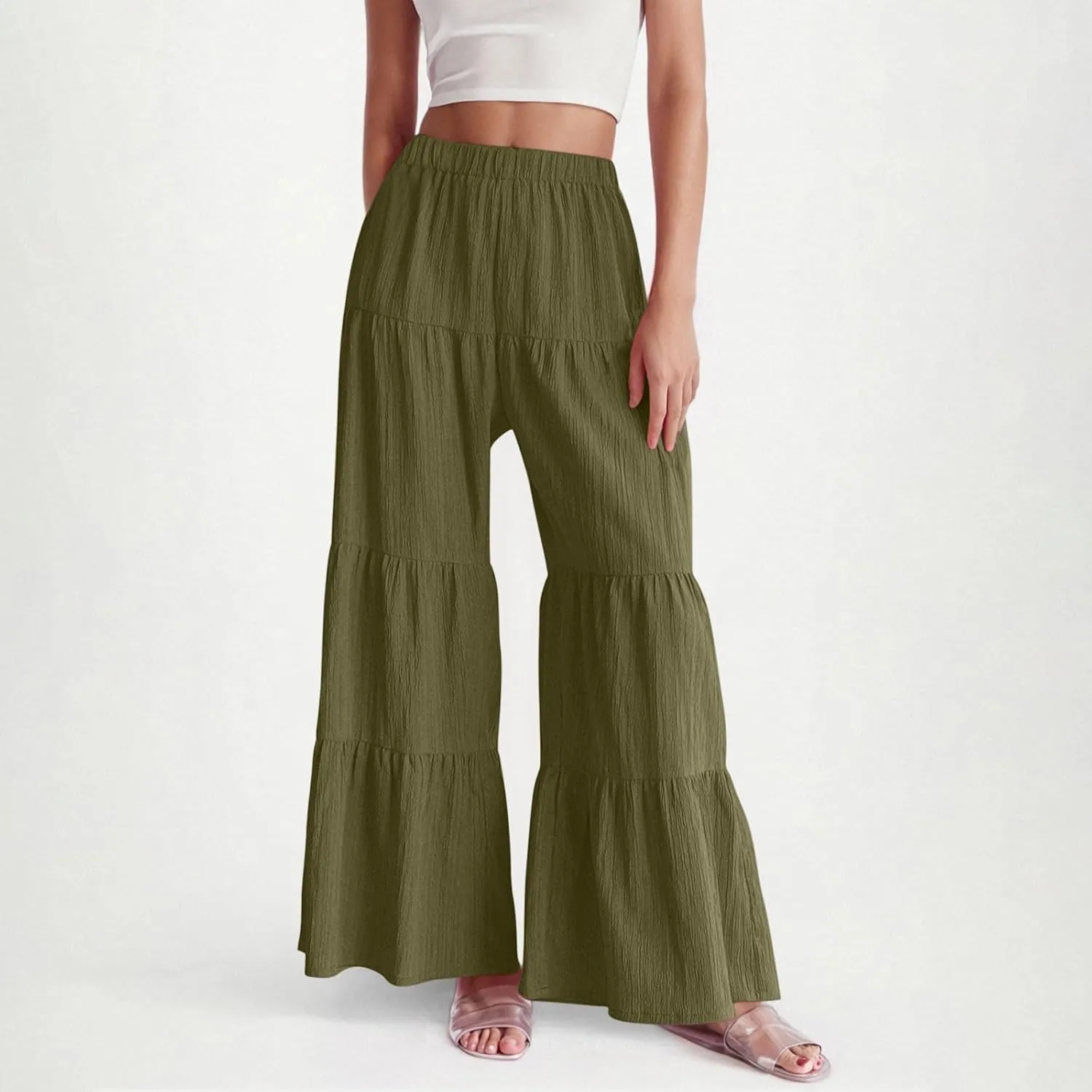 Wide Leg Palazzo Pants for Women Elastic High Waist Pleat Trousers 2025 Fashion Solid Color Baggy Flowy Summer Pants