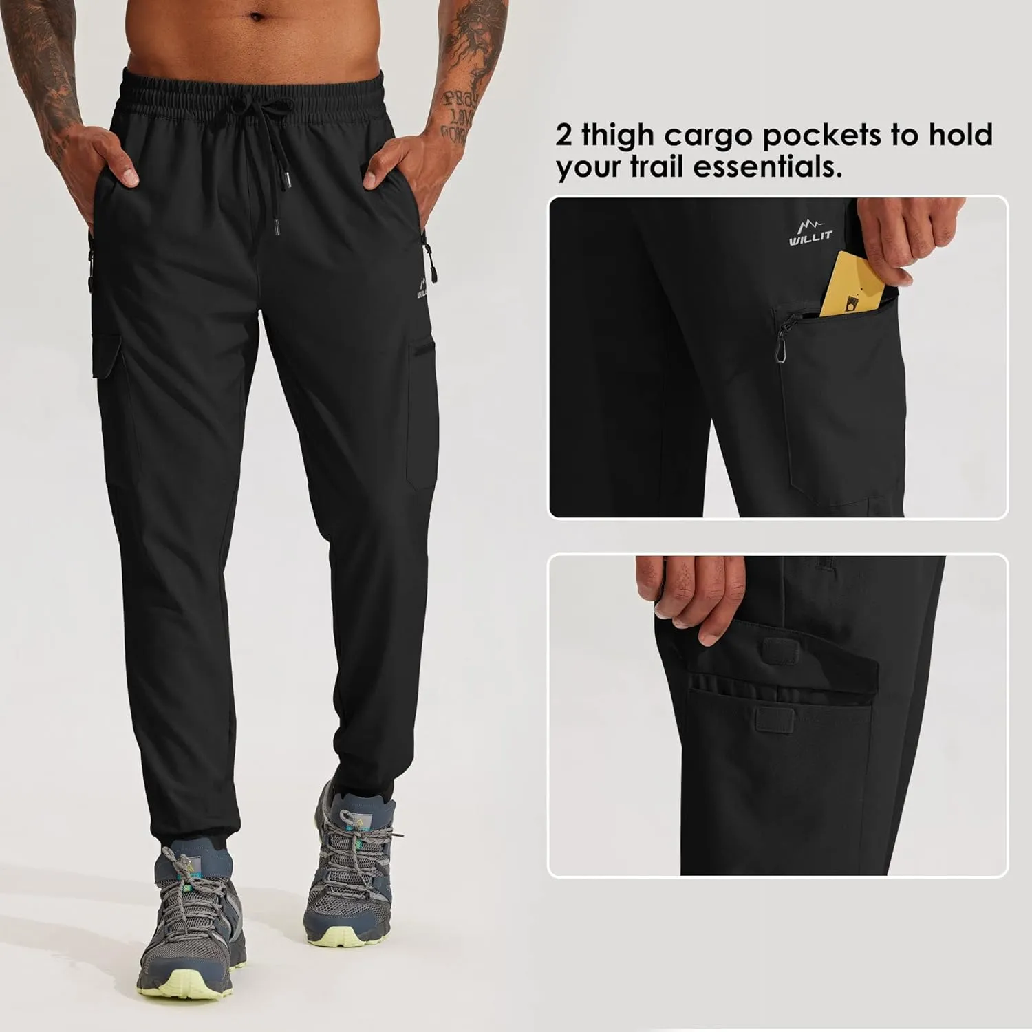 Willit Men's Hiking Joggers Travel Athletic Pants Lightweight Quick Dry Outdoor Running Pants with Zipper Pockets