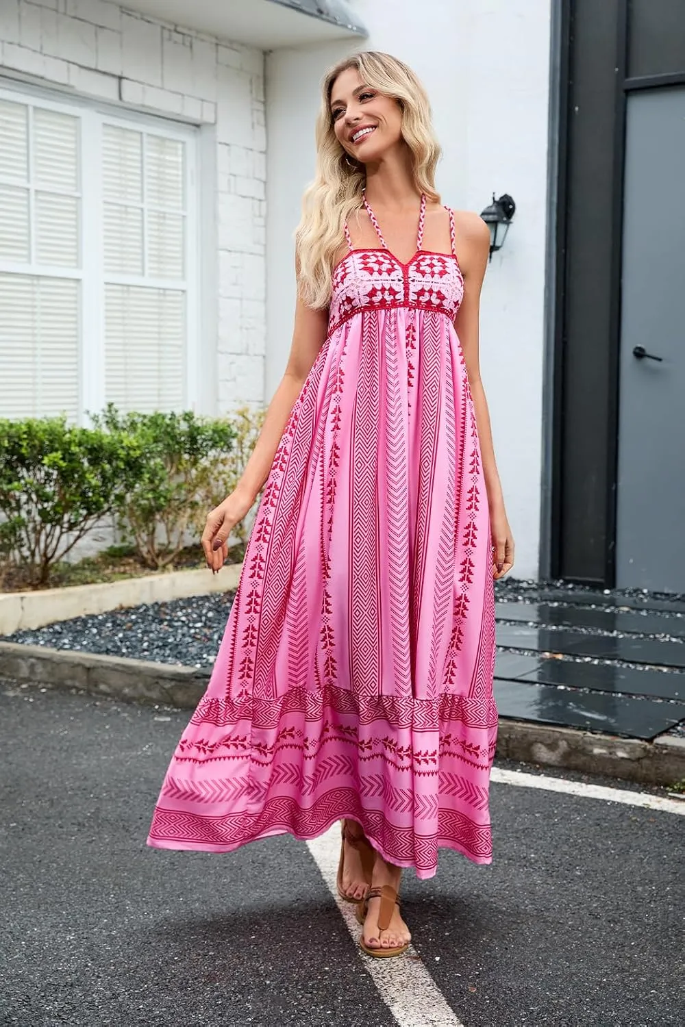 Women Boho Maxi Dress Crochet Patchwork Sleeveless Long Flowy Swing Dress Pink Beach Sundresses