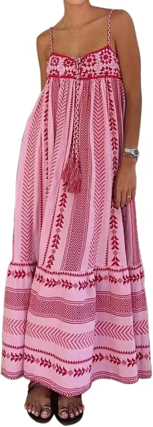 Women Boho Maxi Dress Crochet Patchwork Sleeveless Long Flowy Swing Dress Pink Beach Sundresses