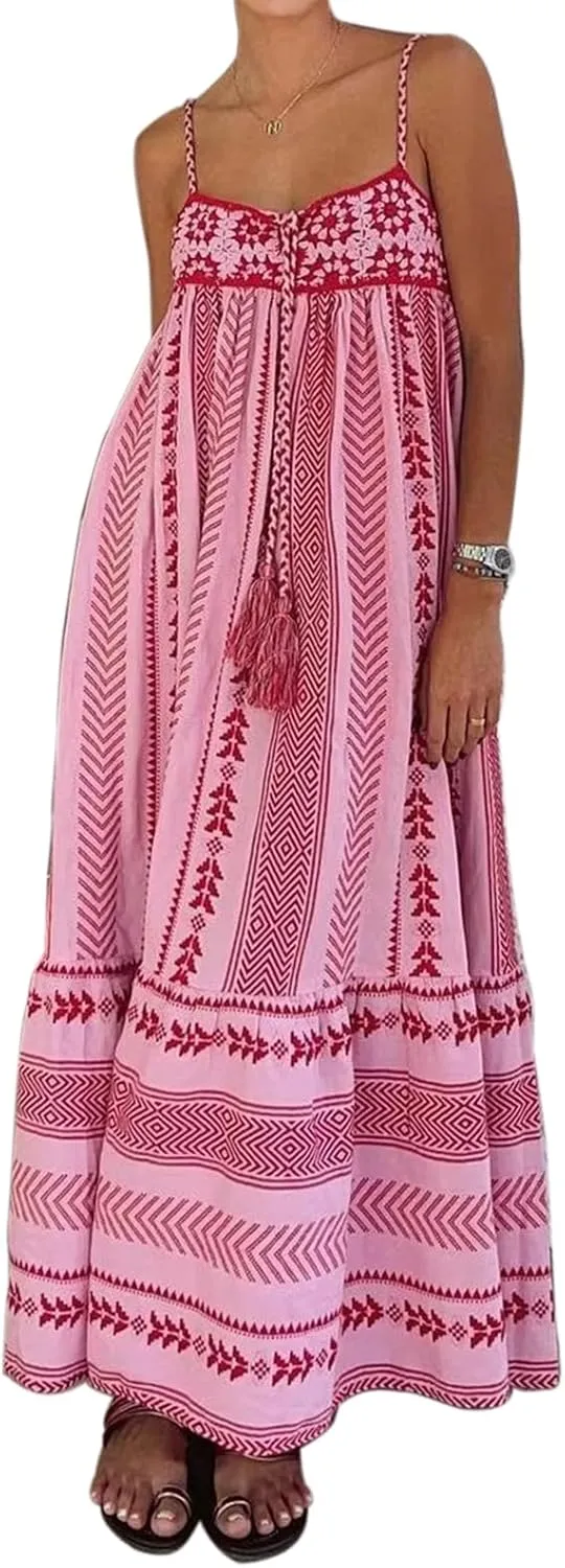 Women Boho Maxi Dress Crochet Patchwork Sleeveless Long Flowy Swing Dress Pink Beach Sundresses