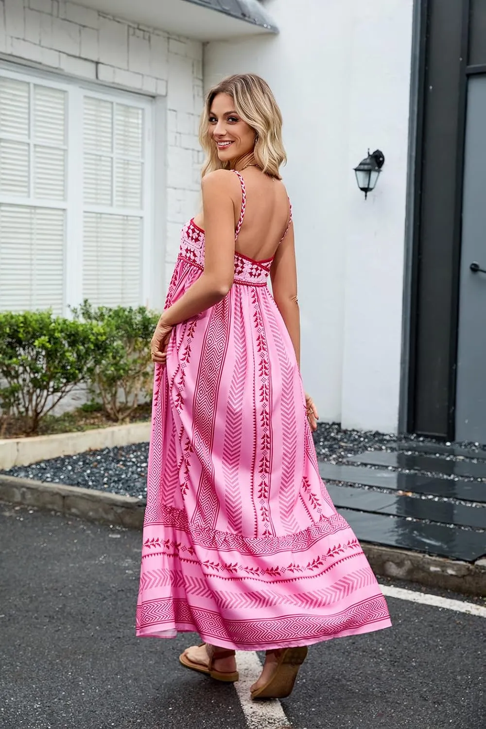 Women Boho Maxi Dress Crochet Patchwork Sleeveless Long Flowy Swing Dress Pink Beach Sundresses