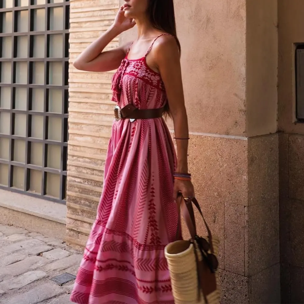 Women Boho Maxi Dress Crochet Patchwork Sleeveless Long Flowy Swing Dress Pink Beach Sundresses