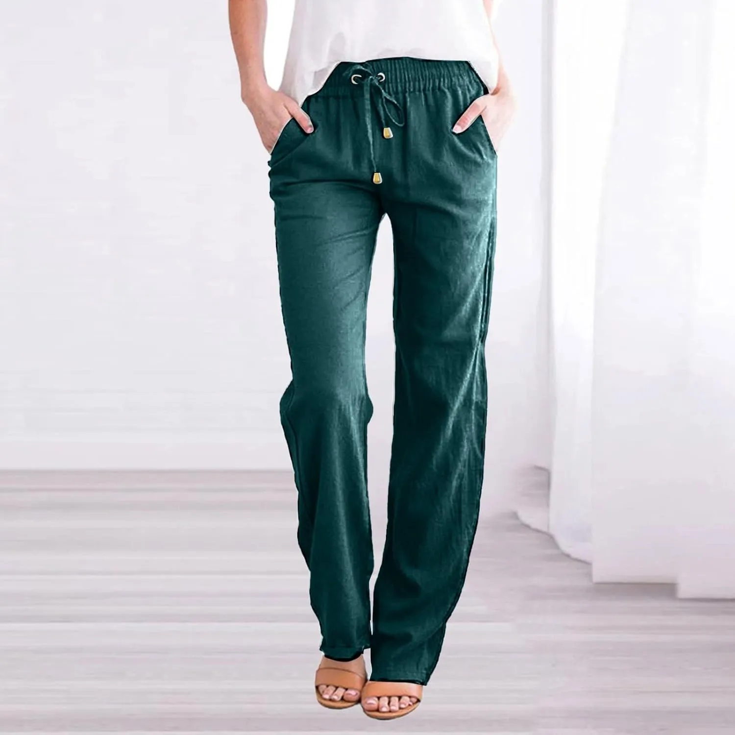 Women Cotton Linen Summer Boho Palazzo Pants High Waist Bootcut Slim Fit Palazzo Pants Trendy