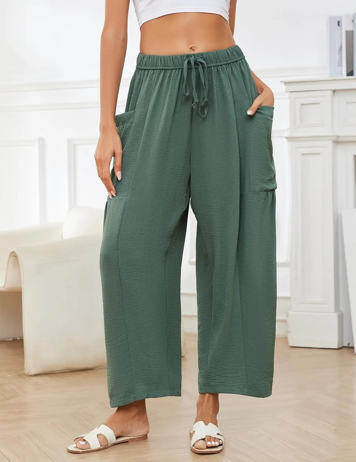 Women Cotton Linen Wide Leg Baggy Pants Casual Drawstring Elastic Waist Harem Pant Loose Straight Leg Beach Pants with Pocket
