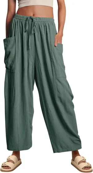 Women Cotton Linen Wide Leg Baggy Pants Casual Drawstring Elastic Waist Harem Pant Loose Straight Leg Beach Pants with Pocket