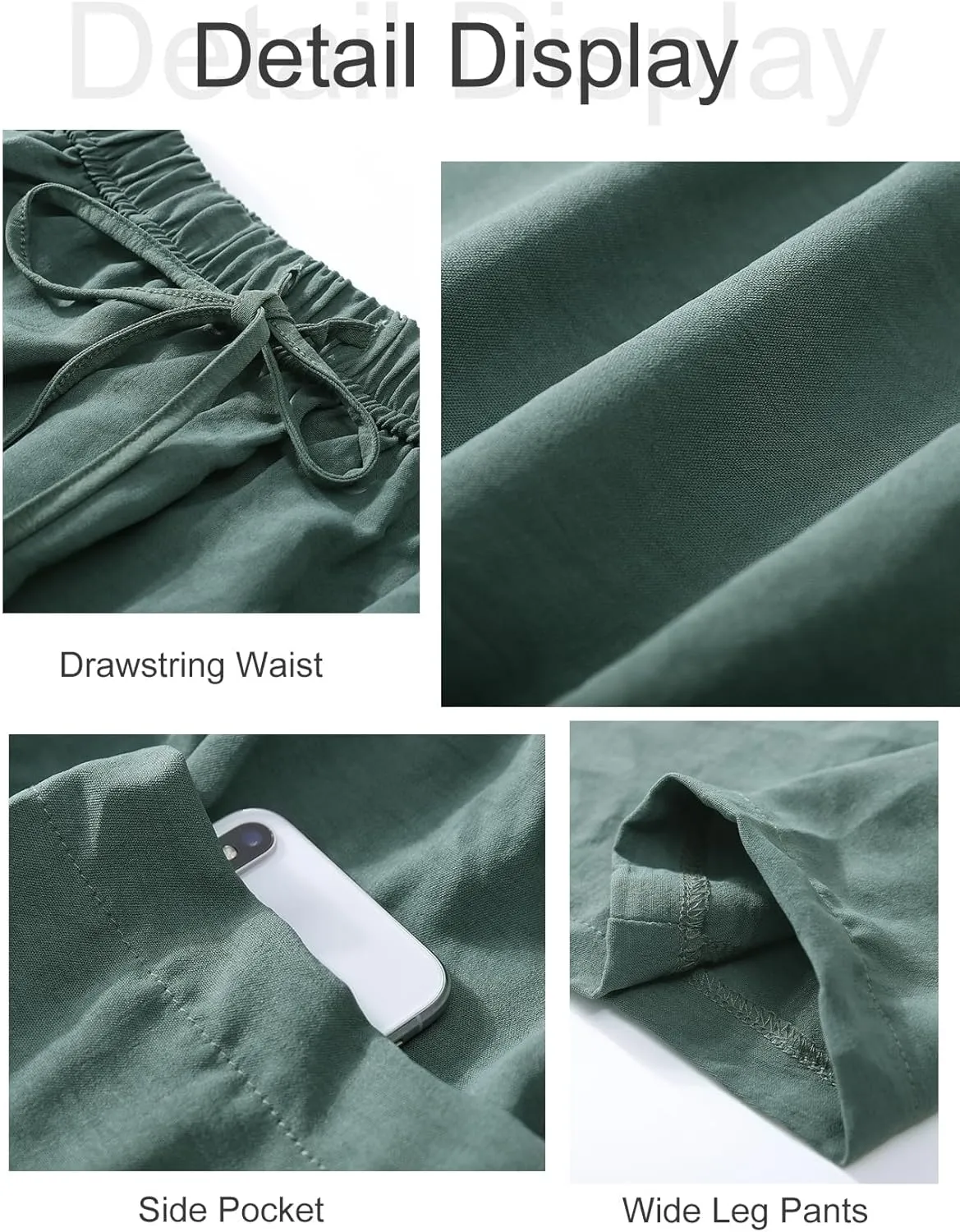 Women Cotton Linen Wide Leg Baggy Pants Casual Drawstring Elastic Waist Harem Pant Loose Straight Leg Beach Pants with Pocket