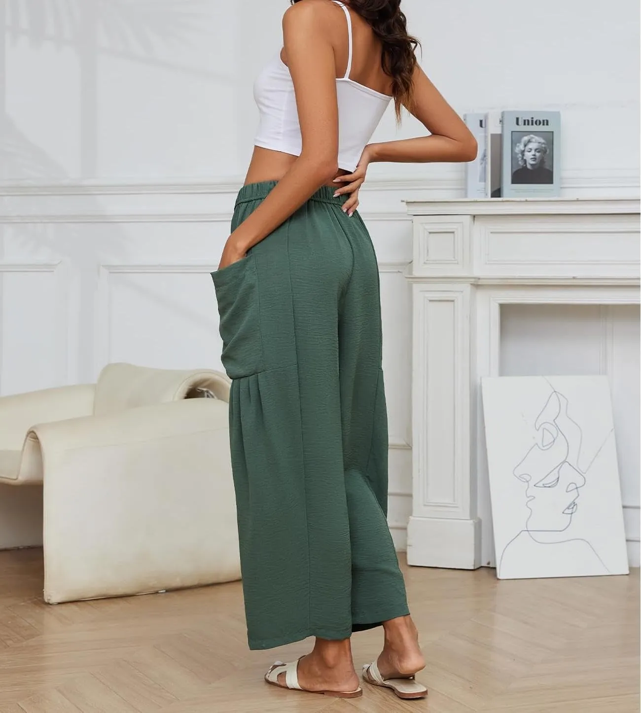 Women Cotton Linen Wide Leg Baggy Pants Casual Drawstring Elastic Waist Harem Pant Loose Straight Leg Beach Pants with Pocket