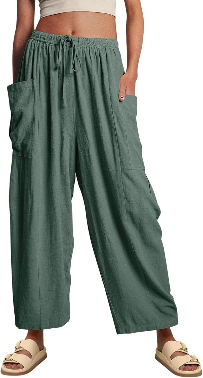 Women Cotton Linen Wide Leg Baggy Pants Casual Drawstring Elastic Waist Harem Pant Loose Straight Leg Beach Pants with Pocket