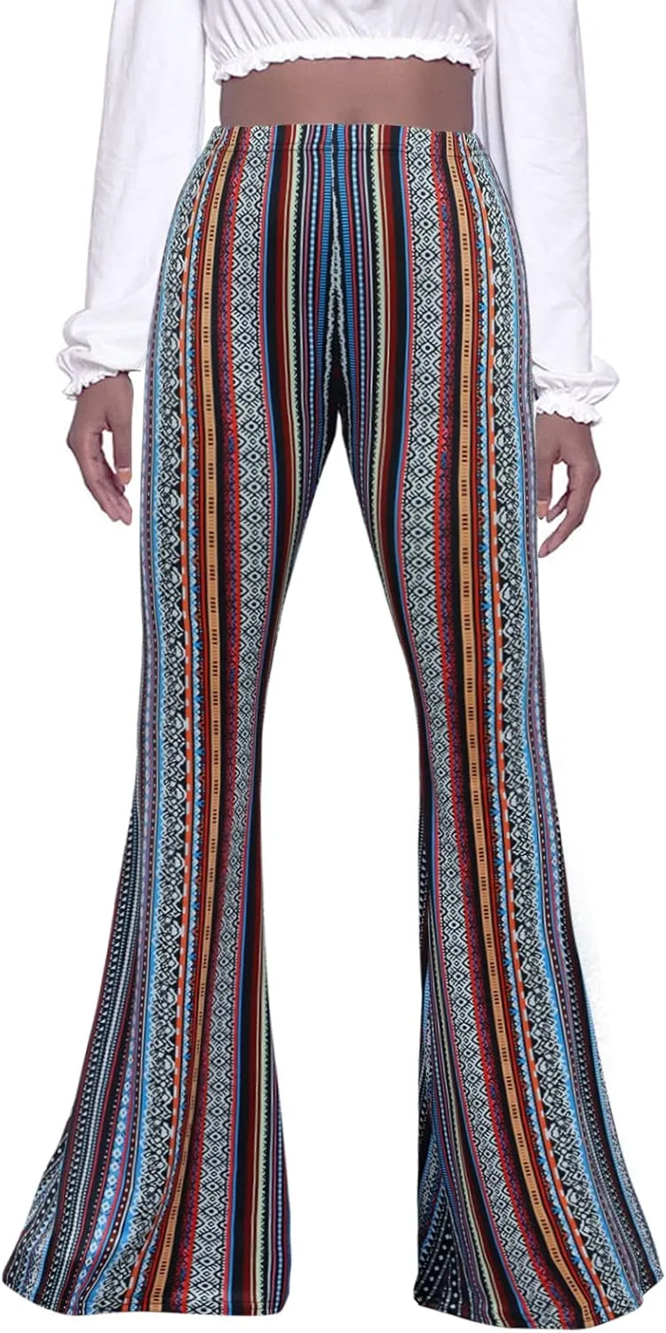 Women High Waisted Fit Flare Ethnic Paisley Floral Bell Bottoms Yoga Pants Flared Leggings