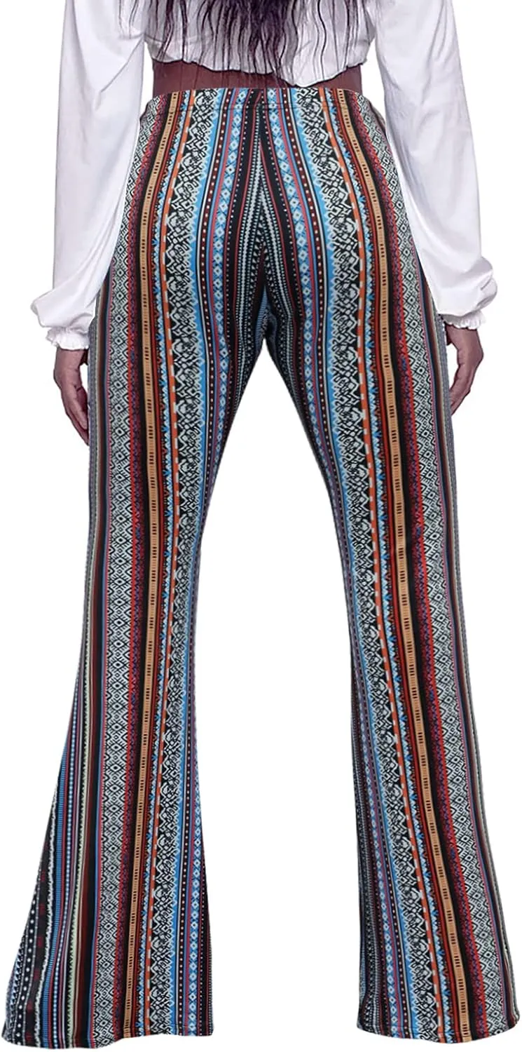 Women High Waisted Fit Flare Ethnic Paisley Floral Bell Bottoms Yoga Pants Flared Leggings