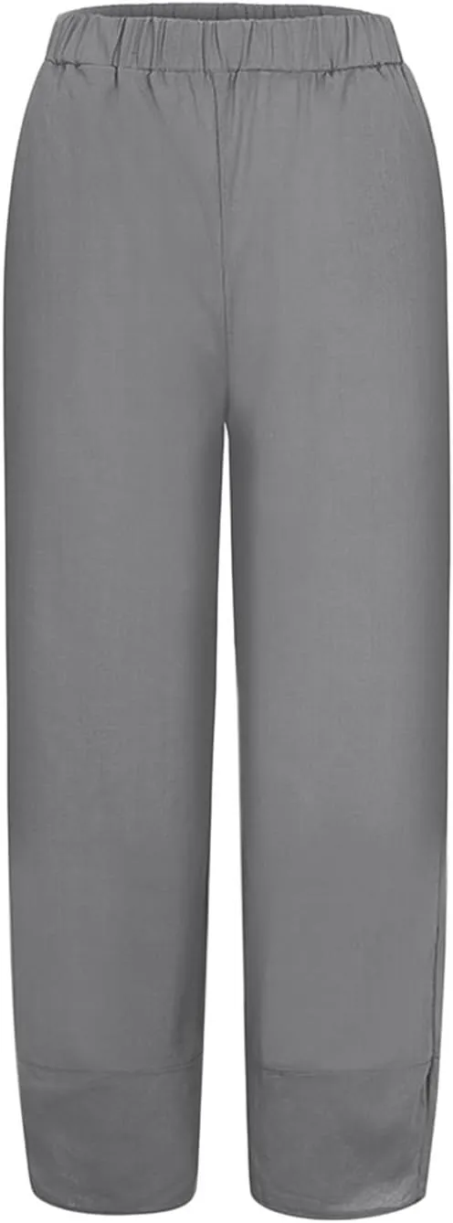 Women Linen Blend Summer Casual Palazzo Lounge Pants Elastic Waist Stretchy Slim Fit Palazzo Lounge Pants